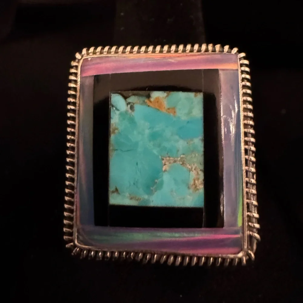 Beautiful‎ Turquoise, opal, black onyx and sterling Silver Ring